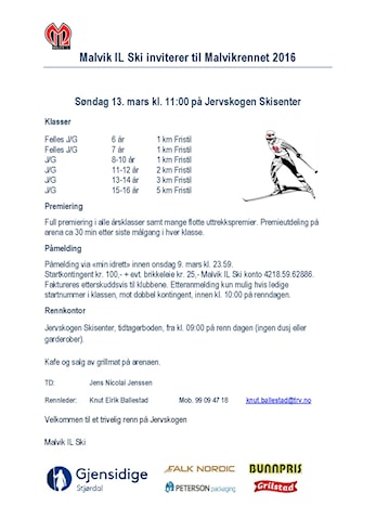 Invitasjon til Malvikrennet søndag 13. mars